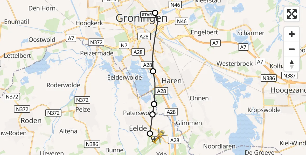Vluchtroute Traumahelikopter Universitair Medisch Centrum Groningen - Groningen Airport Eelde, 27 mei 2026, 08:54