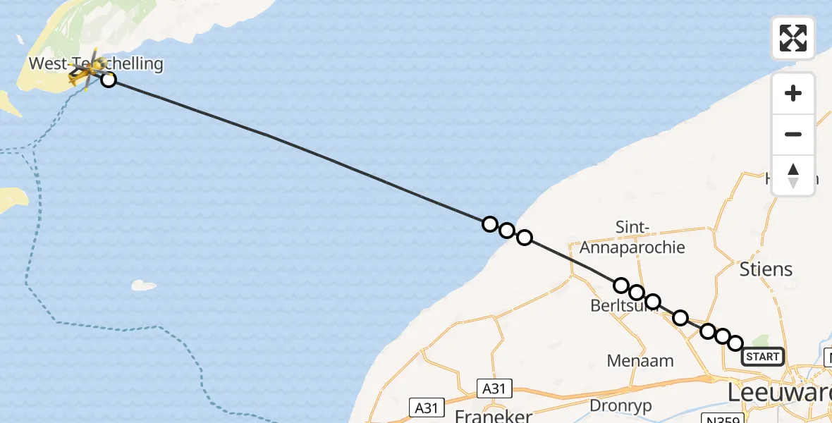 Vluchtroute Ambulancehelikopter Vliegbasis Leeuwarden - West-Terschelling, 27 mei 2026, 08:57
