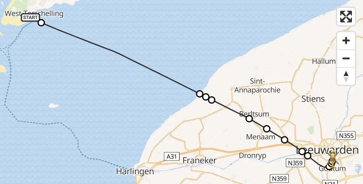 Vluchtroute Ambulancehelikopter West-Terschelling - Leeuwarden Medical Center Heliport, 27 mei 2026, 09:28