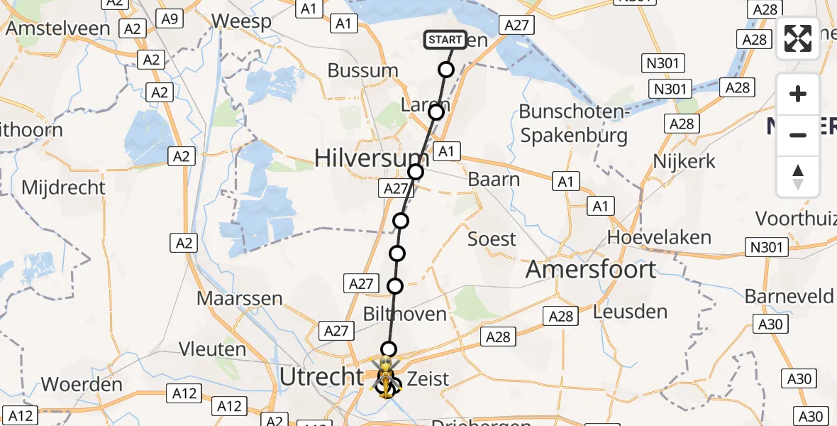 Vluchtroute Traumahelikopter Huizen - University Medical Center Utrecht Heliport, 27 mei 2026, 10:25