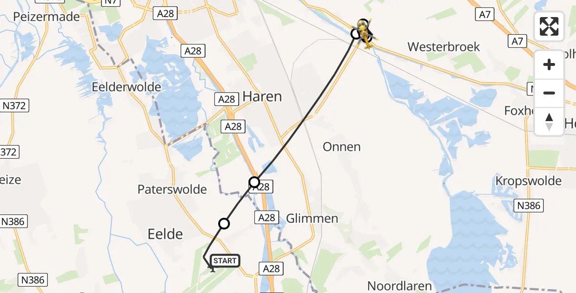 Vluchtroute Traumahelikopter Groningen Airport Eelde - Waterhuizen, 27 mei 2026, 10:26