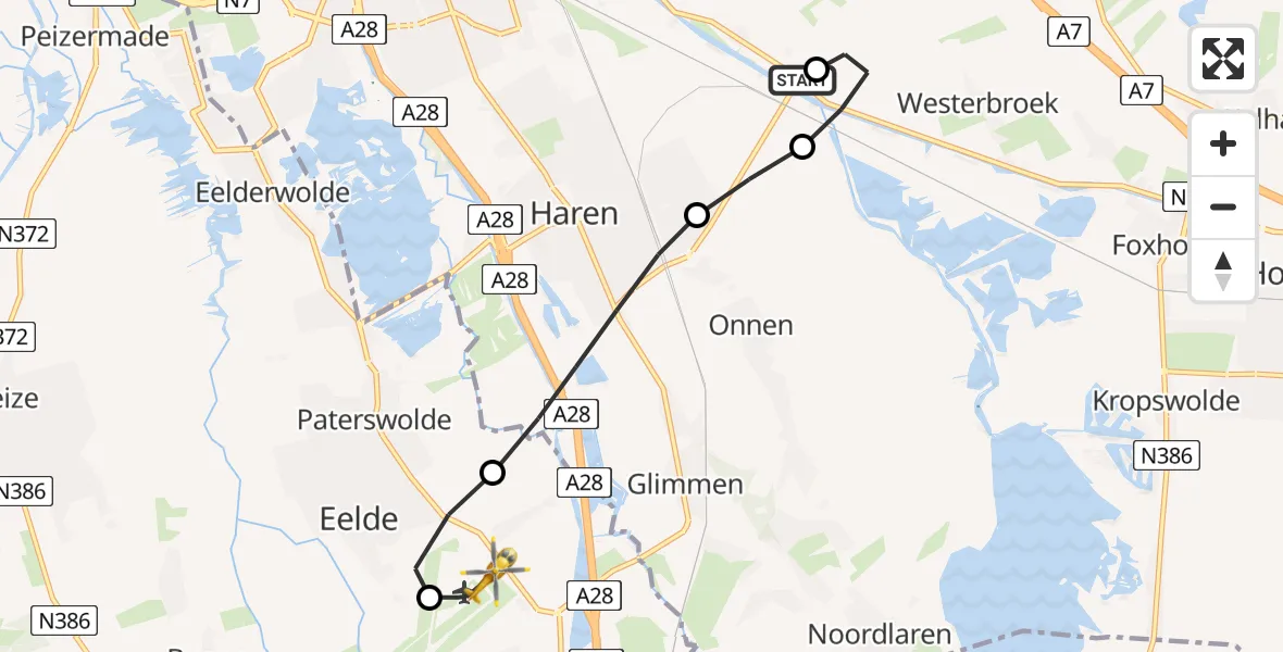 Vluchtroute Traumahelikopter Waterhuizen - Groningen Airport Eelde, 27 mei 2026, 11:15