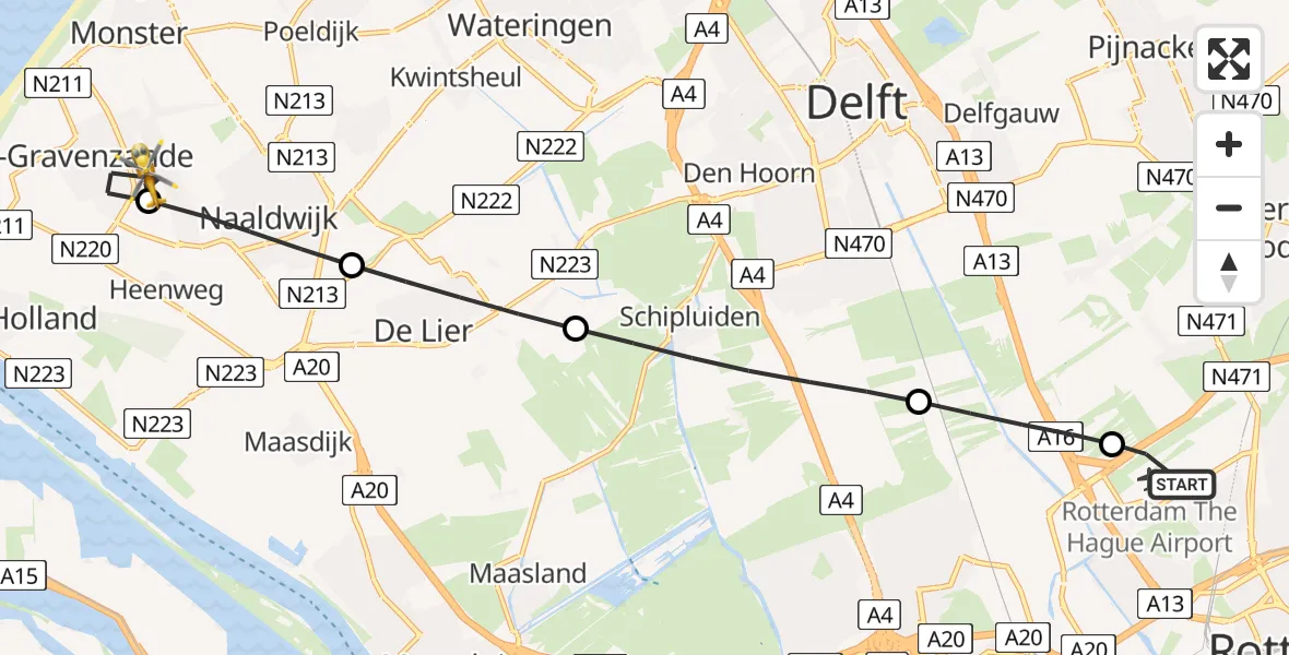 Vluchtroute Traumahelikopter Rotterdam The Hague Airport - 's-Gravenzande, 27 mei 2026, 13:09