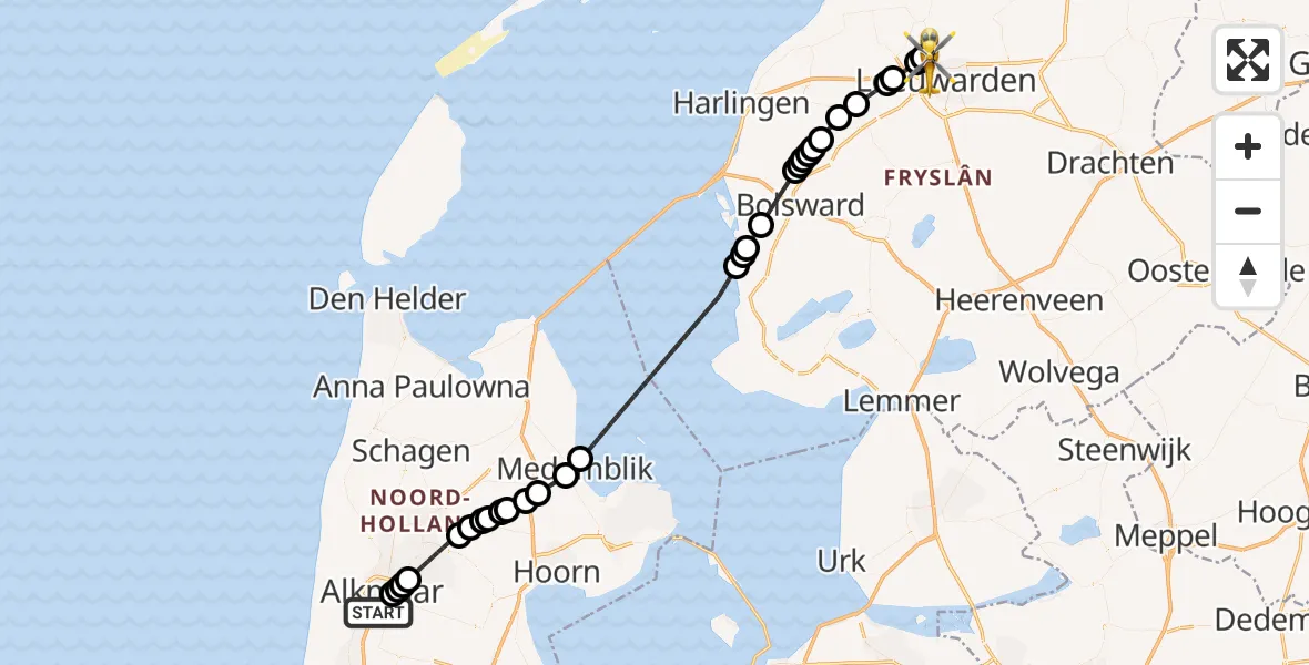 Vluchtroute Ambulancehelikopter Alkmaar - Vliegbasis Leeuwarden, 27 mei 2026, 13:23