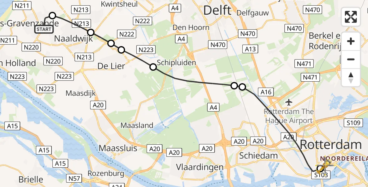 Vluchtroute Traumahelikopter 's-Gravenzande - Erasmus MC, 27 mei 2026, 13:48