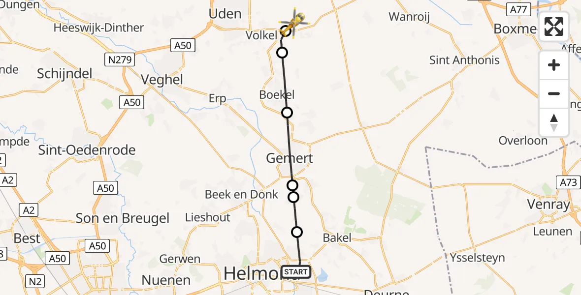 Vluchtroute Traumahelikopter Helmond - Vliegbasis Volkel, 27 mei 2026, 14:11