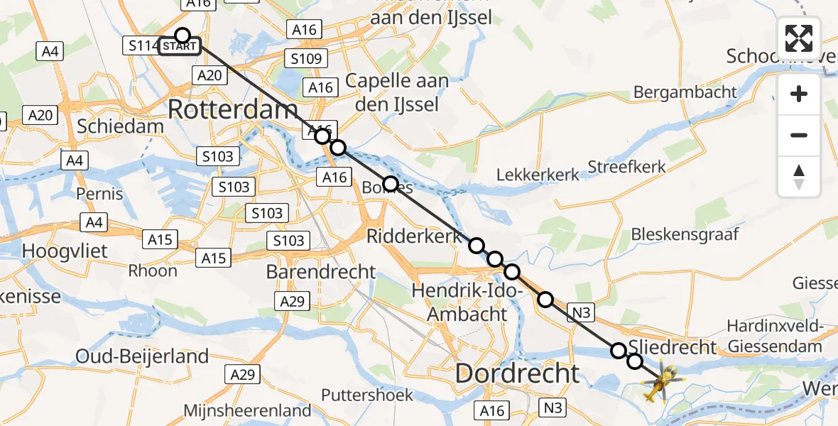 Vluchtroute Traumahelikopter Rotterdam The Hague Airport - Dordrecht, 27 mei 2026, 15:49