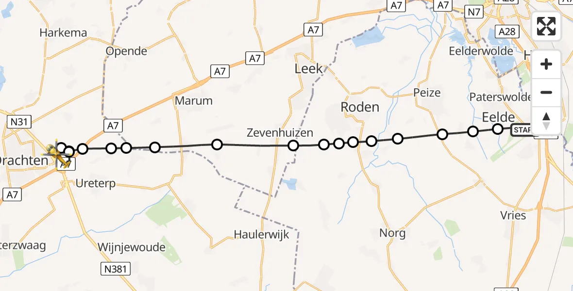 Vluchtroute Traumahelikopter Groningen Airport Eelde - Drachten, 27 mei 2026, 16:50