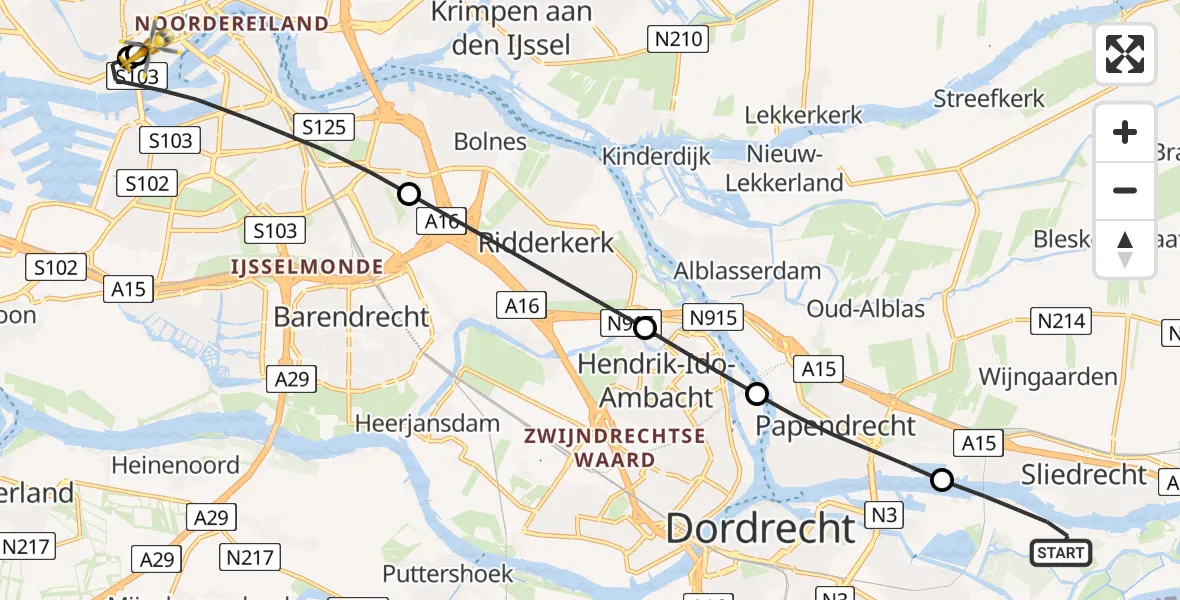 Vluchtroute Traumahelikopter Dordrecht - Erasmus MC, 27 mei 2026, 16:55