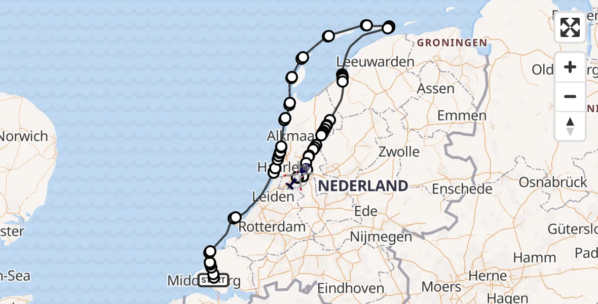 Vluchtroute Politiehelikopter Vliegveld Midden-Zeeland - Amsterdam Vliegveld Schiphol, 27 mei 2026, 17:15