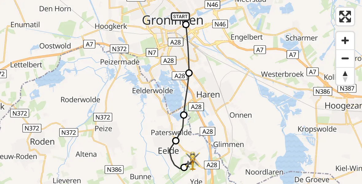 Vluchtroute Traumahelikopter Universitair Medisch Centrum Groningen - Groningen Airport Eelde, 27 mei 2026, 18:04
