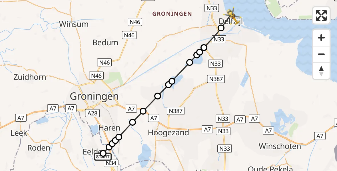 Vluchtroute Traumahelikopter Groningen Airport Eelde - Delfzijl, 27 mei 2026, 19:36