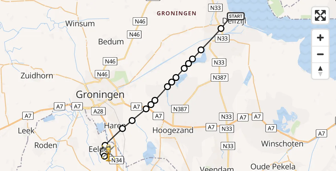 Vluchtroute Traumahelikopter Delfzijl - Groningen Airport Eelde, 27 mei 2026, 20:12