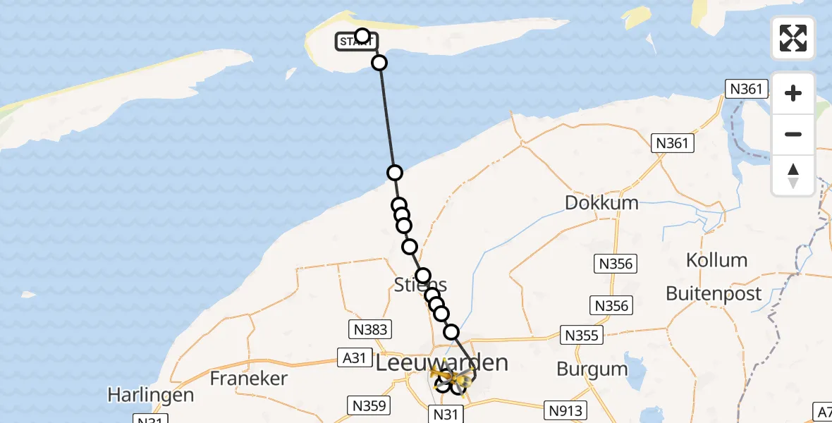 Vluchtroute Ambulancehelikopter Ameland Vliegveld Ballum - Leeuwarden Medical Center Heliport, 28 mei 2026, 00:53