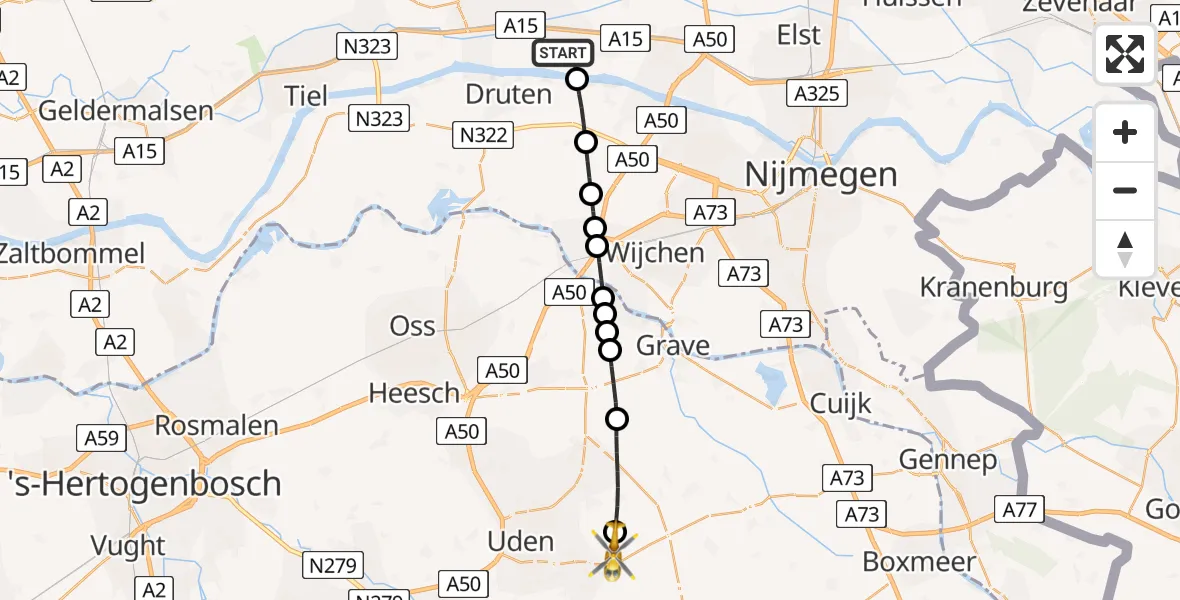 Vluchtroute Traumahelikopter Dodewaard - Vliegbasis Volkel, 28 mei 2026, 10:39