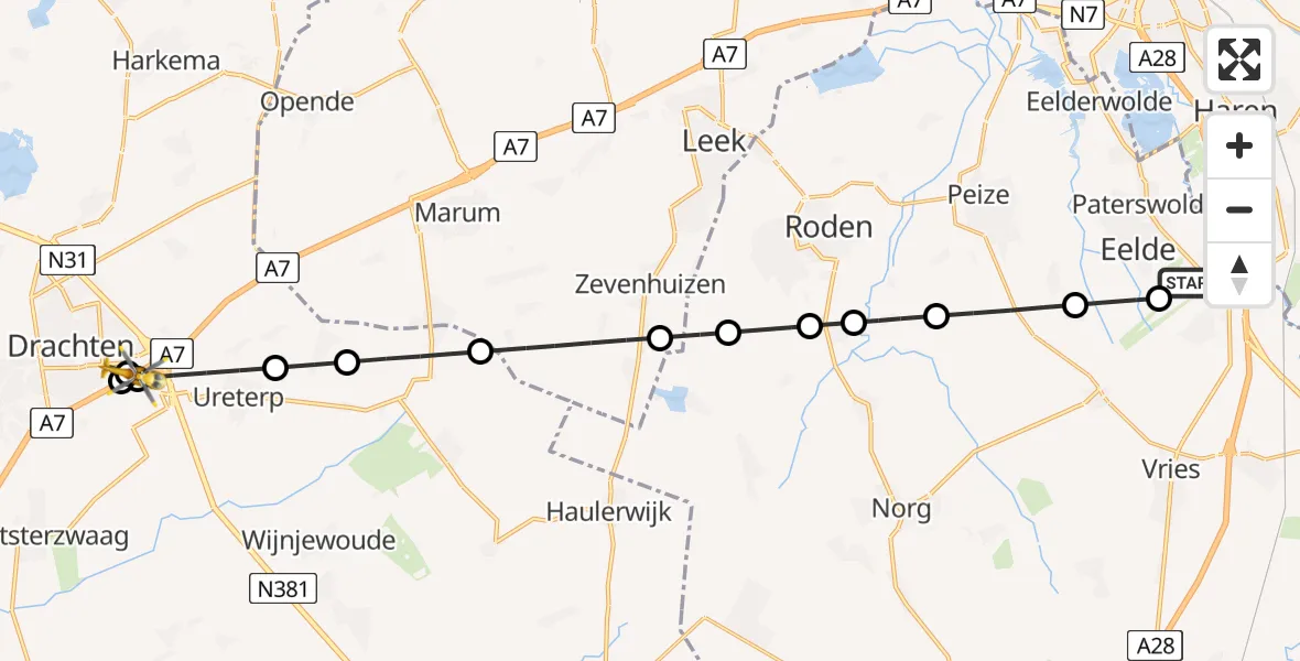 Vluchtroute Traumahelikopter Groningen Airport Eelde - Drachten, 28 mei 2026, 11:36