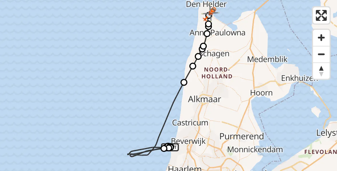 Vluchtroute Kustwachthelikopter Velsen-Noord - Militair vliegveld De Kooy / Den Helder Airport, 28 mei 2026, 12:46