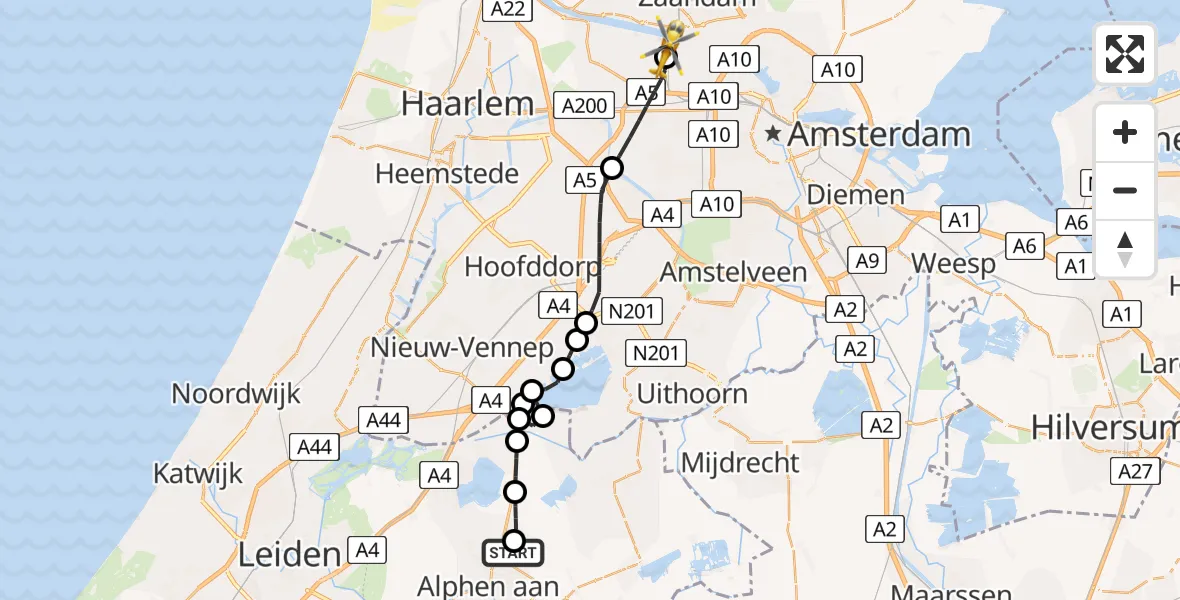 Vluchtroute Traumahelikopter Alphen aan den Rijn - Amsterdam Heliport, 28 mei 2026, 12:48