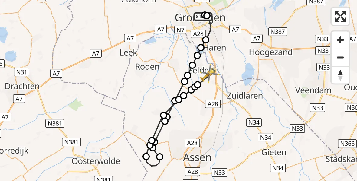 Vluchtroute Traumahelikopter Universitair Medisch Centrum Groningen - Groningen Airport Eelde, 28 mei 2026, 13:03