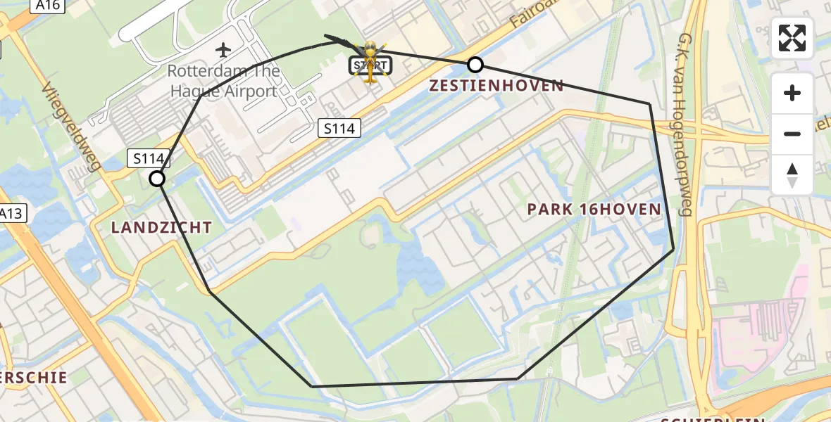 Vluchtroute Traumahelikopter Rotterdam The Hague Airport - Rotterdam The Hague Airport, 28 mei 2026, 13:59