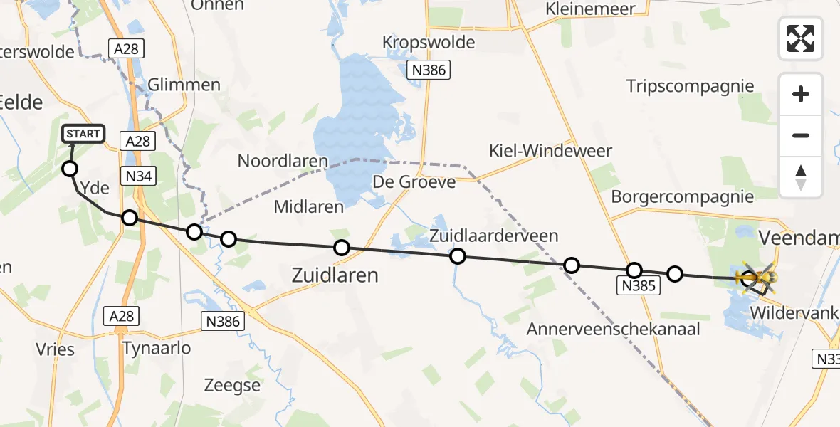 Vluchtroute Traumahelikopter Groningen Airport Eelde - Veendam, 28 mei 2026, 14:19