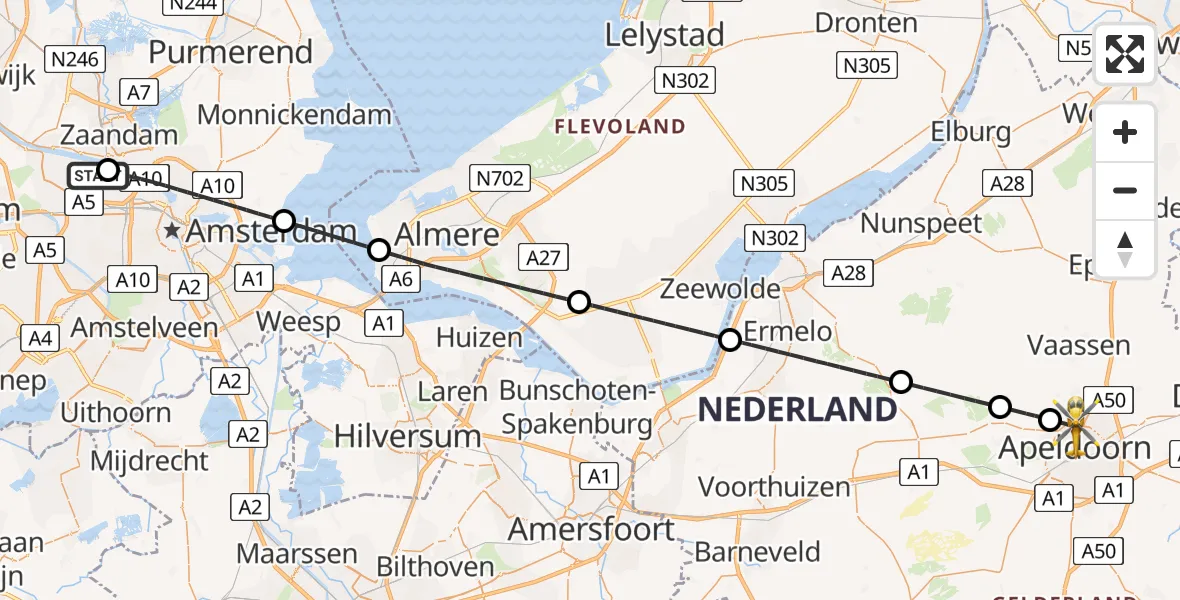 Vluchtroute Traumahelikopter Amsterdam Heliport - Apeldoorn, 28 mei 2026, 15:10