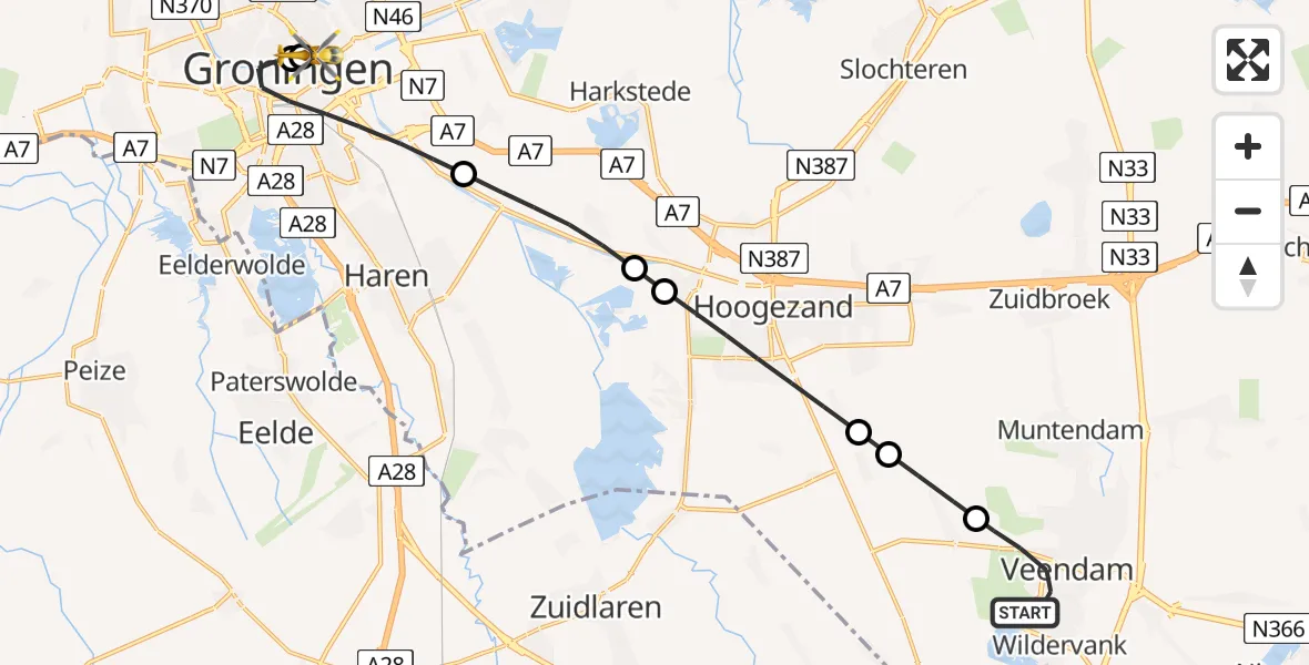 Vluchtroute Traumahelikopter Veendam - Universitair Medisch Centrum Groningen, 28 mei 2026, 15:14