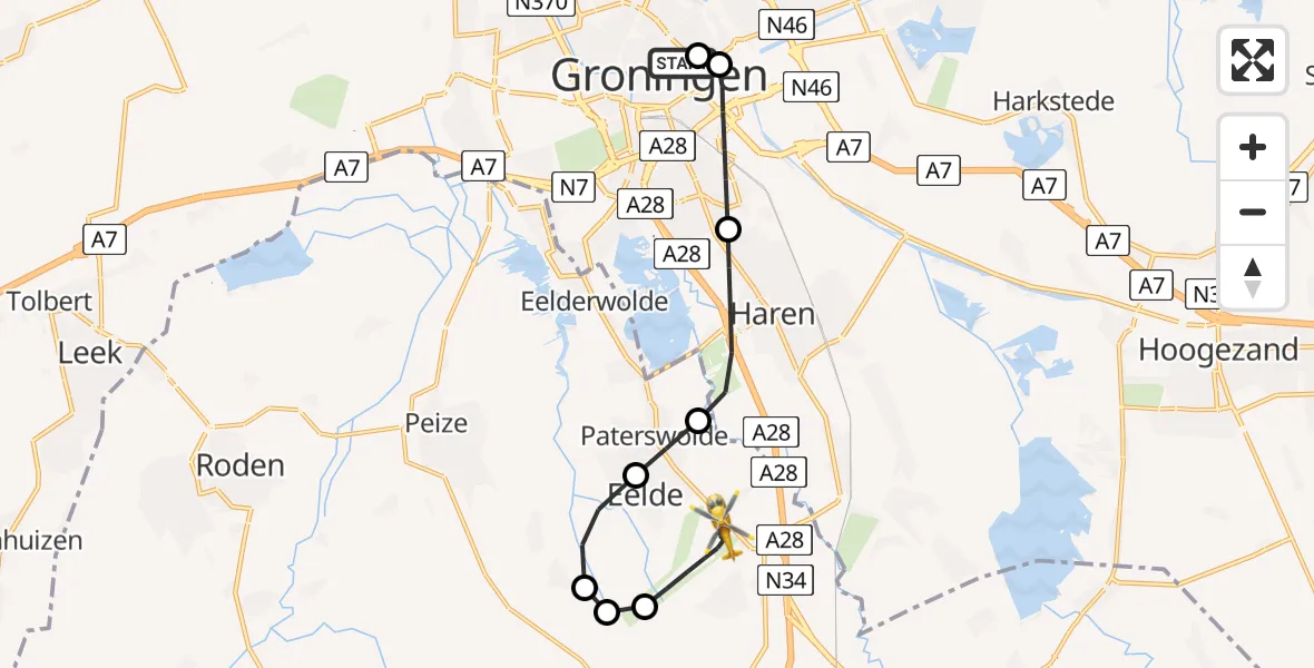 Vluchtroute Traumahelikopter Universitair Medisch Centrum Groningen - Groningen Airport Eelde, 28 mei 2026, 15:51