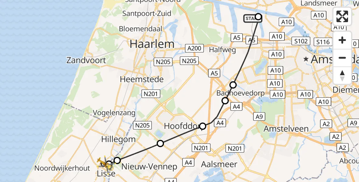 Vluchtroute Traumahelikopter Amsterdam Heliport - Lisse, 28 mei 2026, 17:20