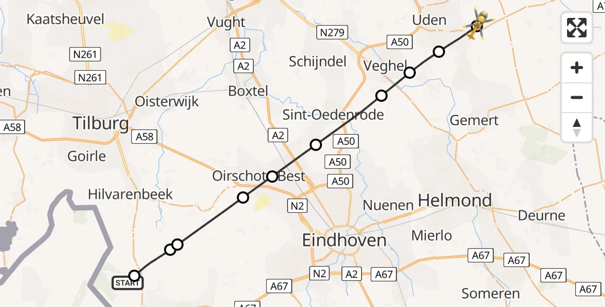 Vluchtroute Traumahelikopter Hooge Mierde - Vliegbasis Volkel, 28 mei 2026, 17:45