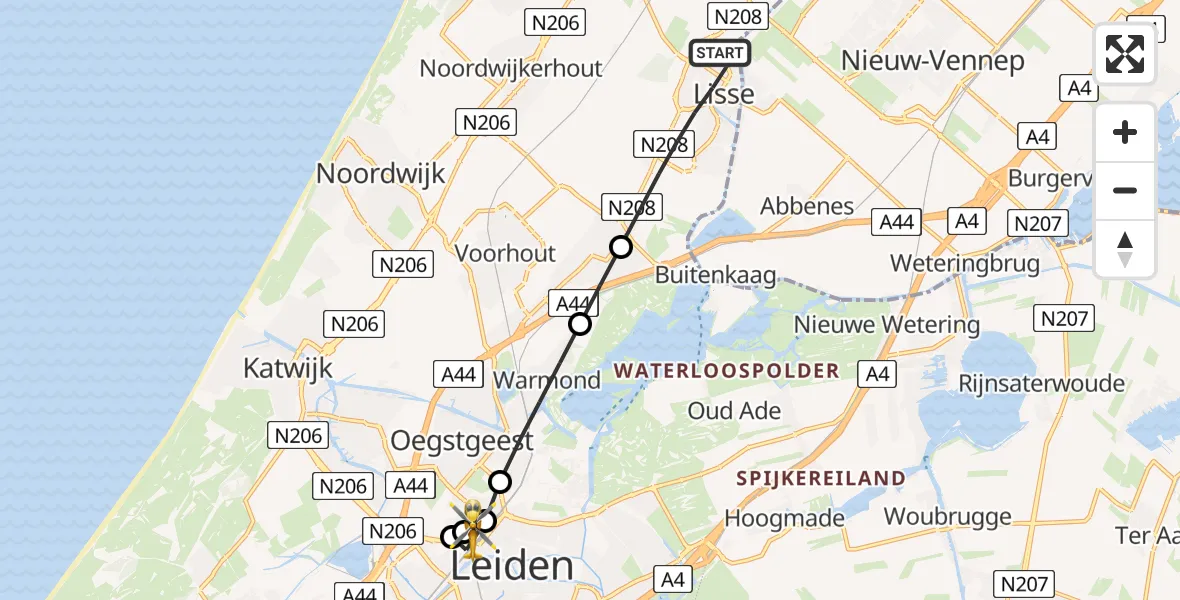 Vluchtroute Traumahelikopter Lisse - Leiden University Medical Center Heliport, 28 mei 2026, 17:52