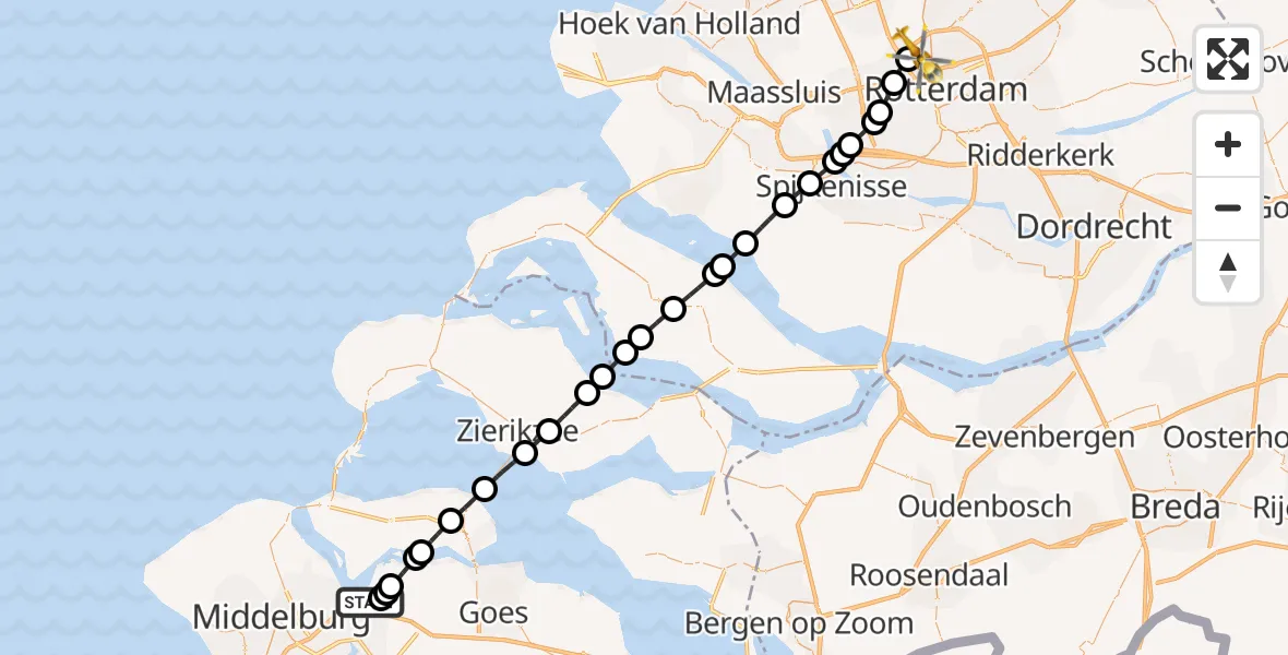 Vluchtroute Traumahelikopter Vliegveld Midden-Zeeland - Rotterdam The Hague Airport, 28 mei 2026, 18:13