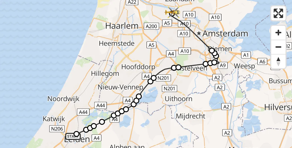 Vluchtroute Traumahelikopter Leiden University Medical Center Heliport - Amsterdam Heliport, 28 mei 2026, 18:16
