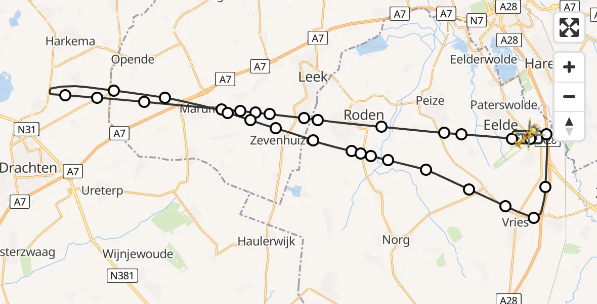 Vluchtroute Traumahelikopter Groningen Airport Eelde - Groningen Airport Eelde, 28 mei 2026, 19:45