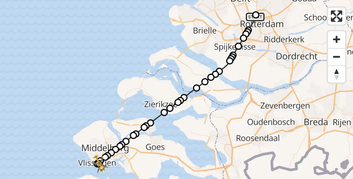 Vluchtroute Traumahelikopter Rotterdam The Hague Airport - Damen Yachting Helipad, 28 mei 2026, 20:23
