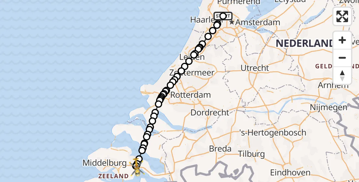 Vluchtroute Traumahelikopter Amsterdam Heliport - Kapelle, 28 mei 2026, 21:42