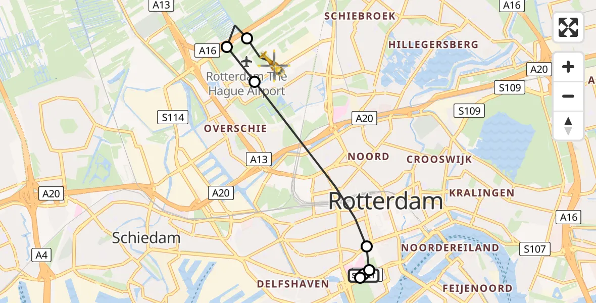 Vluchtroute Traumahelikopter Erasmus MC - Rotterdam The Hague Airport, 28 mei 2026, 22:24