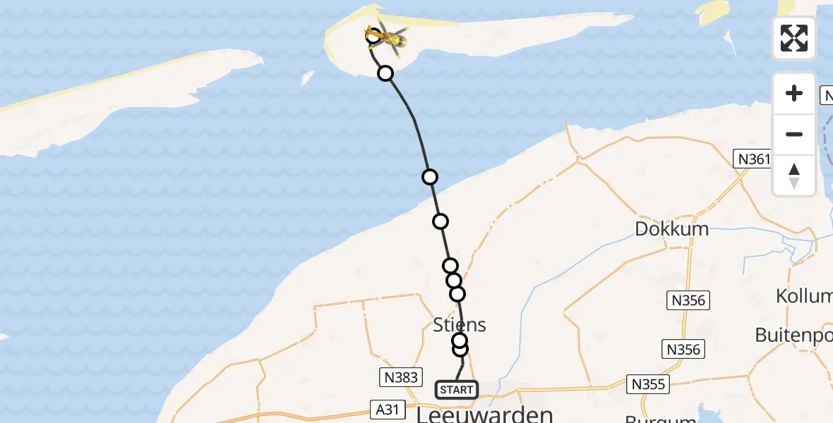 Vluchtroute Ambulancehelikopter Vliegbasis Leeuwarden - Ameland Vliegveld Ballum, 29 mei 2026, 00:16