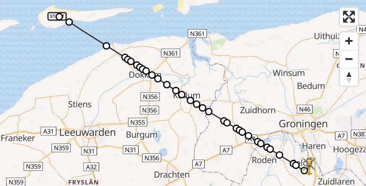 Vluchtroute Ambulancehelikopter Ameland Vliegveld Ballum - Groningen Airport Eelde, 29 mei 2026, 00:55