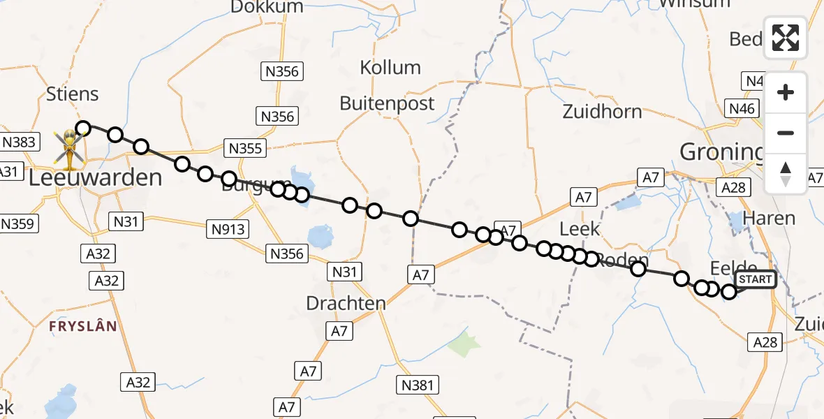 Vluchtroute Ambulancehelikopter Groningen Airport Eelde - Vliegbasis Leeuwarden, 29 mei 2026, 01:34