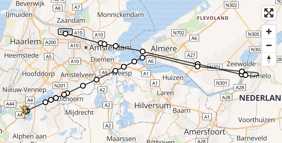 Vluchtroute Traumahelikopter Amsterdam Heliport - Roelofarendsveen, 29 mei 2026, 05:28