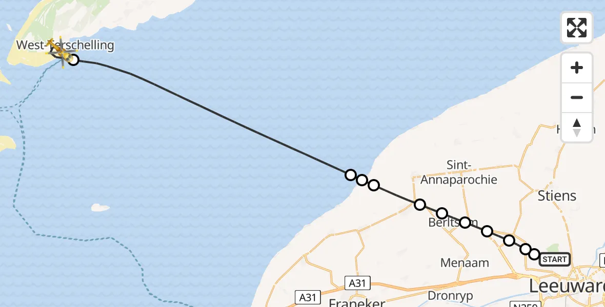 Vluchtroute Ambulancehelikopter Vliegbasis Leeuwarden - West-Terschelling, 29 mei 2026, 06:41
