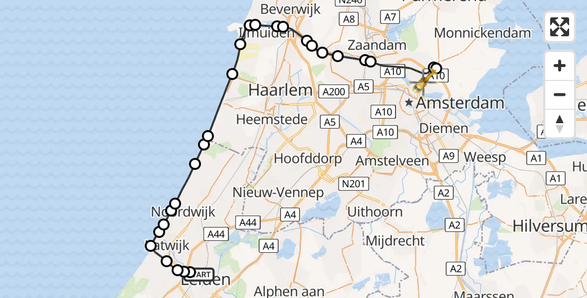 Vluchtroute Traumahelikopter Leiden University Medical Center Heliport - Amsterdam, 29 mei 2026, 07:11