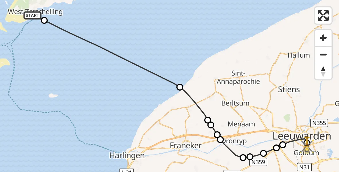 Vluchtroute Ambulancehelikopter West-Terschelling - Leeuwarden Medical Center Heliport, 29 mei 2026, 07:15