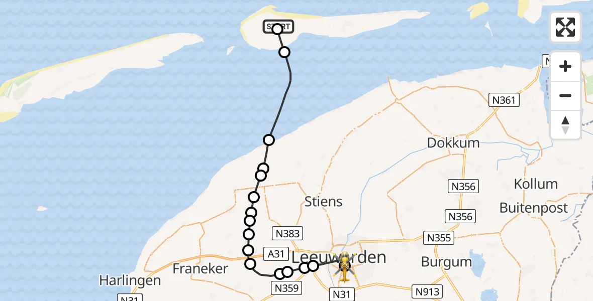 Vluchtroute Ambulancehelikopter Ameland Vliegveld Ballum - Leeuwarden Medical Center Heliport, 29 mei 2026, 08:38