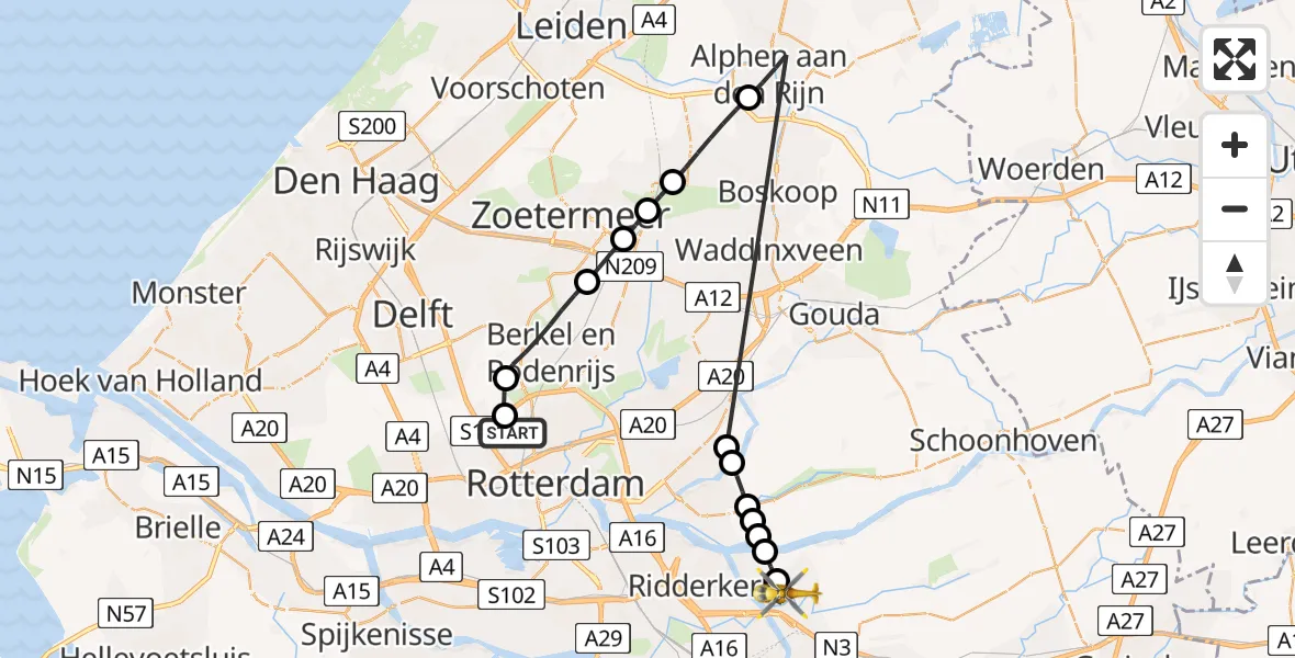 Vluchtroute Traumahelikopter Rotterdam The Hague Airport - Alblasserdam, 29 mei 2026, 10:18