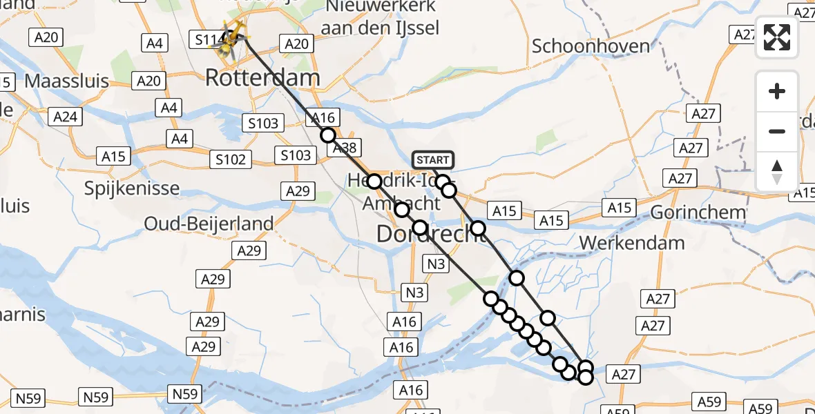 Vluchtroute Traumahelikopter Alblasserdam - Rotterdam The Hague Airport, 29 mei 2026, 11:35