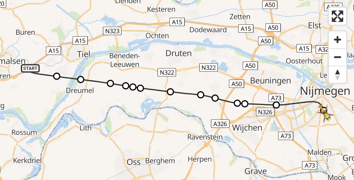 Vluchtroute Traumahelikopter Wadenoijen - Radboud University Medical Center Heliport, 29 mei 2026, 13:15