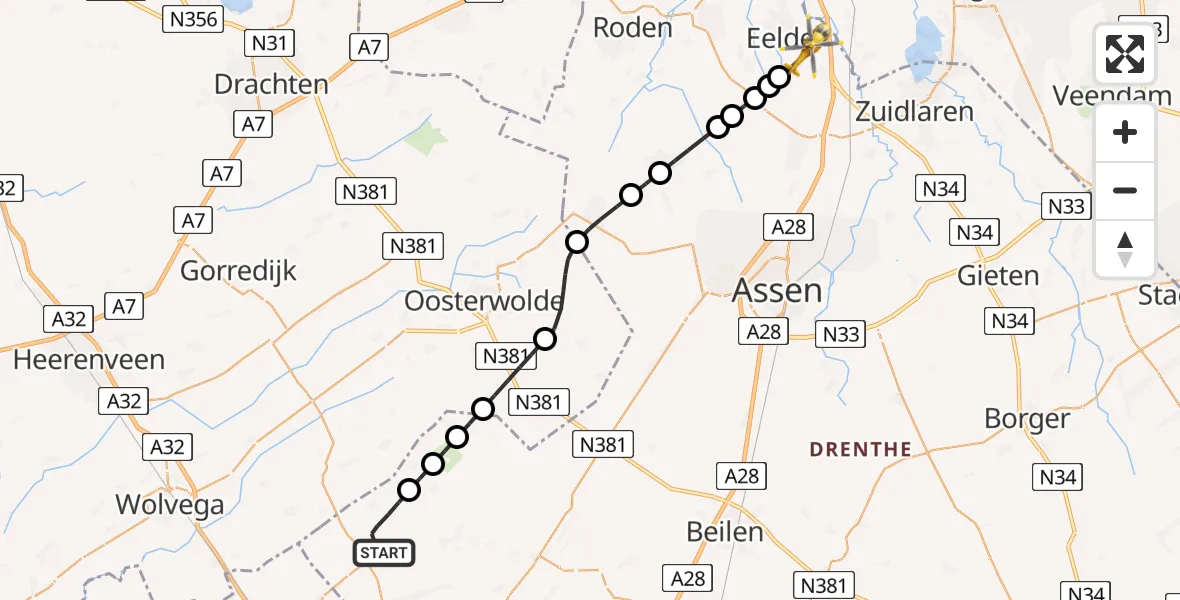 Vluchtroute Traumahelikopter Vledder - Groningen Airport Eelde, 29 mei 2026, 15:29