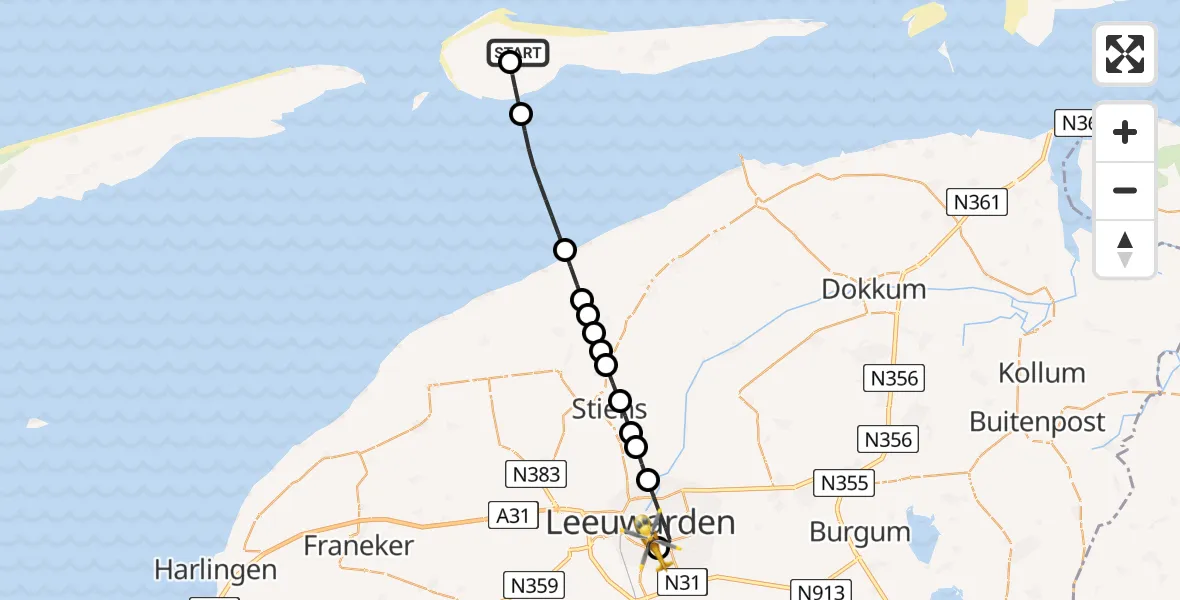 Vluchtroute Ambulancehelikopter Ameland Vliegveld Ballum - Leeuwarden Medical Center Heliport, 29 mei 2026, 18:35